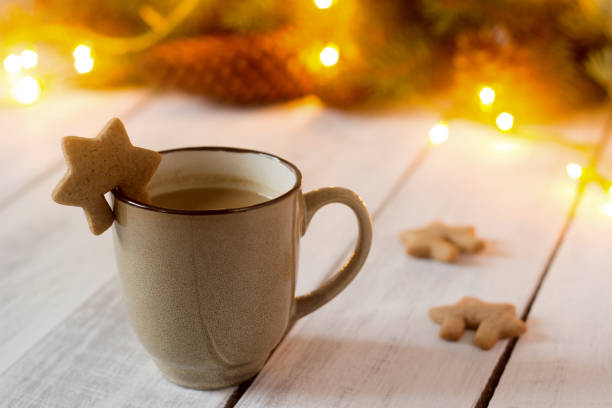 istock Cocoa or hot chocolate with cinnamon and gingerbread on a background with spruce branches, cones and garland. 881421838
