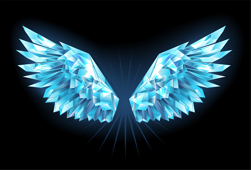 Polygonal, sparkling wings of blue, clear ice on a blue background. Ice wings.