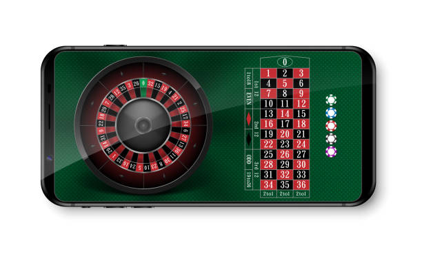 リアルなカジノ ルーレット ホイール チップに孤立した緑のテーブルです。3 d オンラインカジノ ルーレット テキストのスマート フォン。ベクトル図 - roulette roulette wheel casino gambling点のイラスト素材／クリップアート素材／マンガ素材／アイコン素材