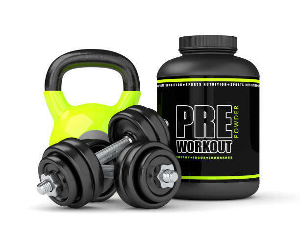 istock 3d render of pre-workout powder with dumbbells and kettlebell 881425370