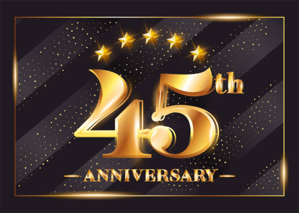 illustrazioni stock, clip art, cartoni animati e icone di tendenza di simbolo vettore celebrazione anniversario 45 anni. icona oro del 45 ° anniversario con stelle e cornice. design lucido di lusso per biglietto d'auguri, invito, biglietto di congratulazioni. isolato su sfondo nero. - 4 5 years illustrations