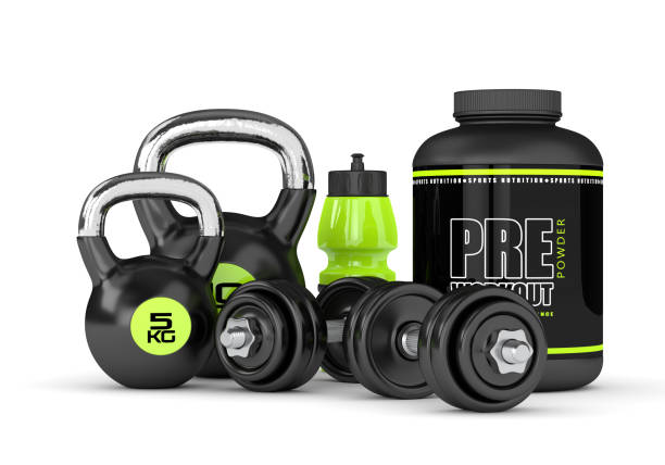 istock 3d render of pre-workout powder with dumbbells and kettlebell 881425444