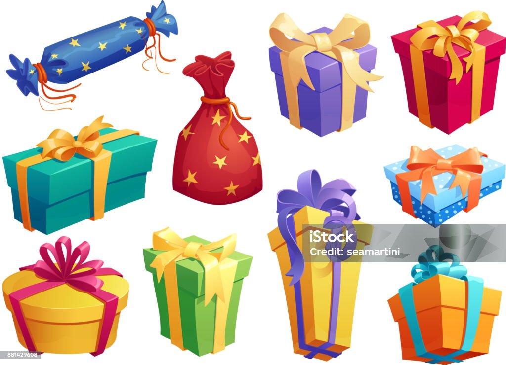 Gift box icon of present packaging with ribbon bow Gift box cartoon icon of presents packaging. Gift box and present bag with ribbon bow for Birthday and Valentine Day surprise, Christmas and New Year holiday celebration design Gift stock vector