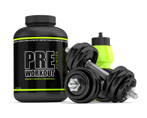 istock 3d render of pre-workout powder with drink and dumbbells 881432432