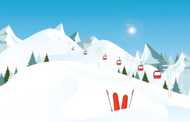 Vector illustration of Winter mountain landscape with pair of skis in snow and ski lift.