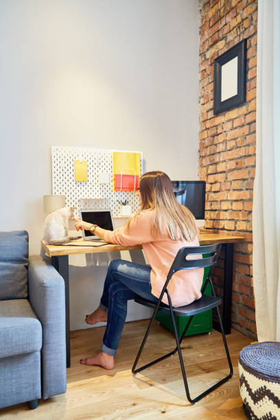 istock Young girl stroking her cat while working at the computer in her living room 881433826