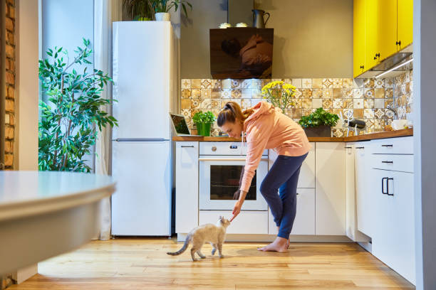 Happy woman stroking her charming cat while standing in her kitchen