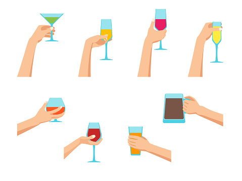 Cartoon Human Hands Holding Glasses Set Celebration of Holiday Concept Flat Design Style. Vector illustration of Hand Hold Glass