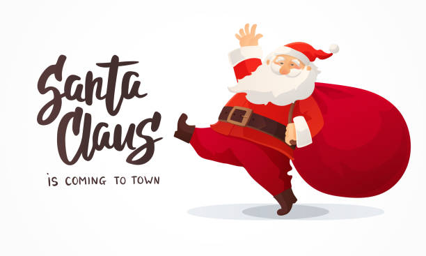 weihnachtskarte. lustige cartoon weihnachtsmann mit riesigen roten tasche mit geschenken. hand gezeichneten texts - santa claus kommt in die stadt - nikolaus stock-grafiken, -clipart, -cartoons und -symbole