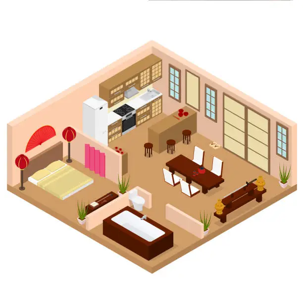 Vector illustration of Apartment Japanese Style Interior with Furniture Isometric View. Vector