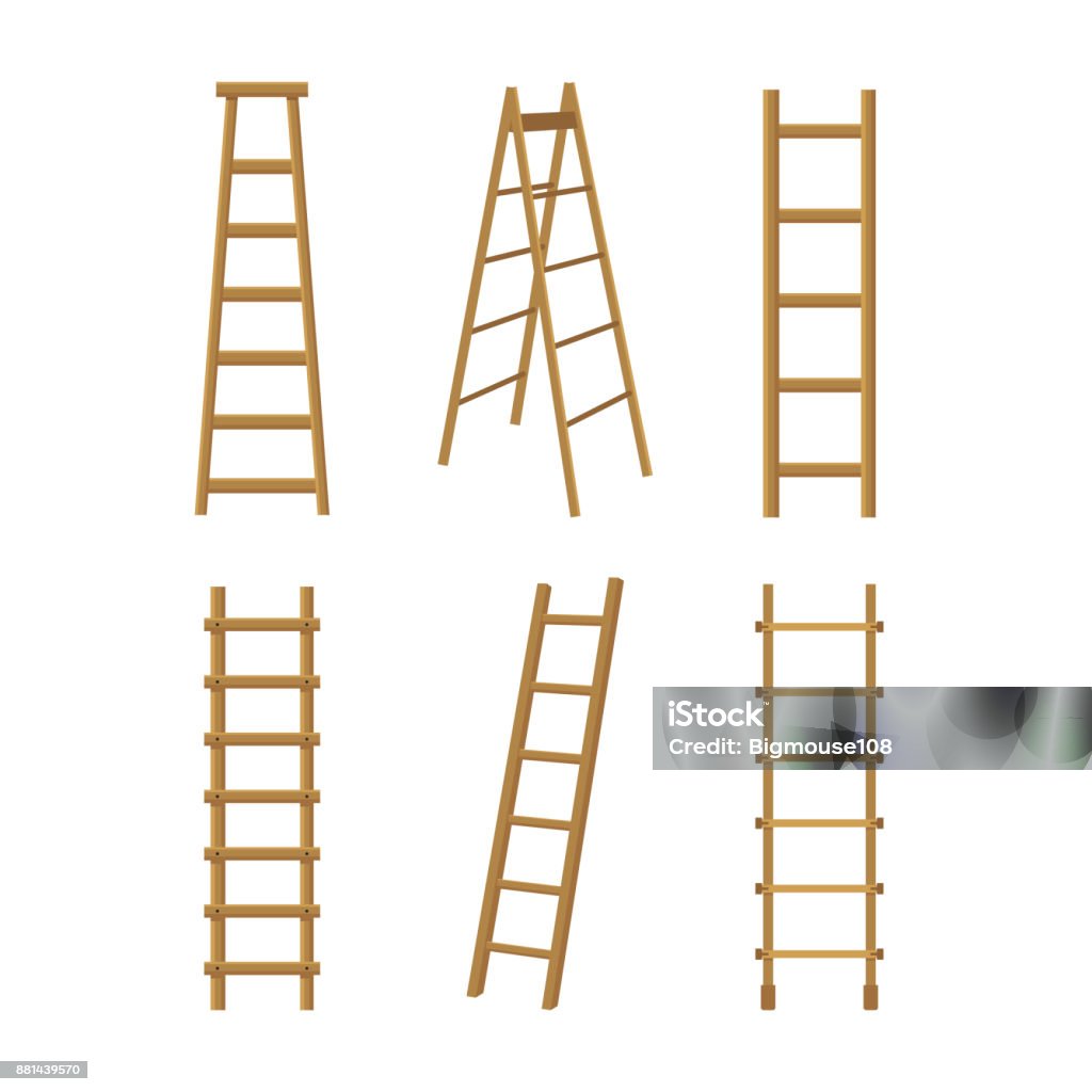 Realistic Detailed 3d Wooden Stairs Ladders Different Types Set. Vector Realistic Detailed 3d Wooden Stairs Ladders Different Types Set for Interior and Construction. Vector illustration of Stair or Ladder Ladder stock vector