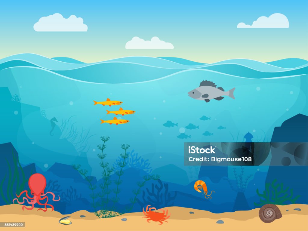 Cartoon Sea Underwater Scene Color Background. Vector Cartoon Sea Underwater Nature Scene Color Background Web Flat Design with Fish, Seaweed and Sand. Vector illustration of Undersea Landscape Sea stock vector