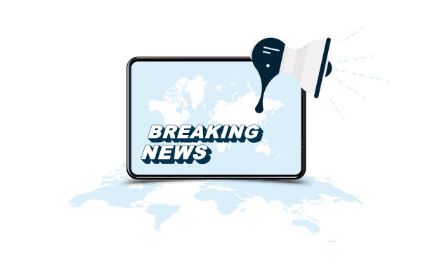 istock Breaking news in realistic tablet with loudspeaker and world map on white background. Flat vector illustration EPS10 881440180