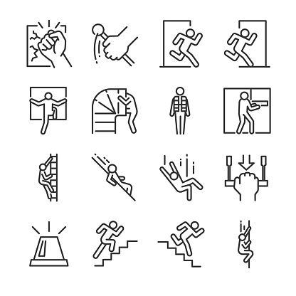 Emergency exit icon set. Included the icons as evacuation, run, escape, alarm, life jacket, chute and more.