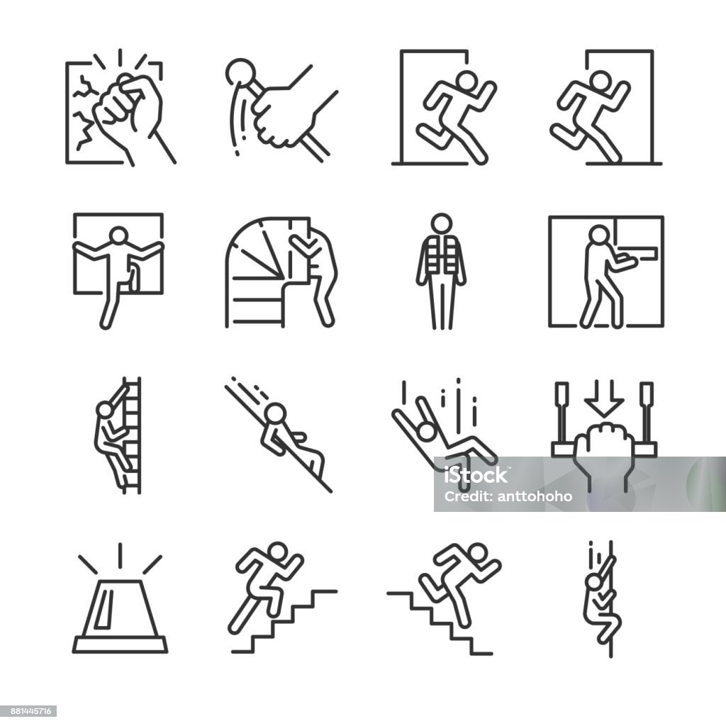 Emergency exit icon set. Included the icons as evacuation, run, escape, alarm, life jacket, chute and more. Icon Symbol stock vector