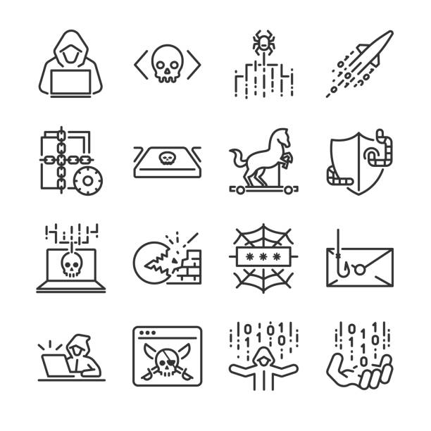 hacker-icon-set. enthalten die symbole als hacker, malware, wurm, spyware, computervirus, verbrecher und mehr. - spyware stock-grafiken, -clipart, -cartoons und -symbole