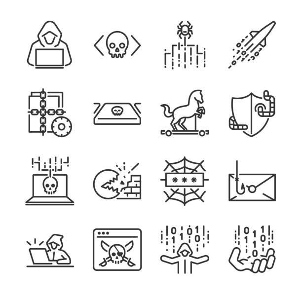 Hacker icon set. Included the icons as hacking, malware, worm, spyware, computer virus, criminal and more. Hacker icon set. Included the icons as hacking, malware, worm, spyware, computer virus, criminal and more. pirate criminal illustrations stock illustrations