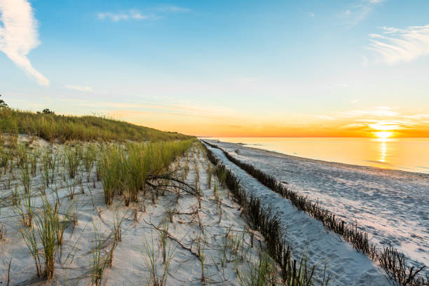 istock Sandy beach and sunset sky with golden sun shining on white sand 881447800