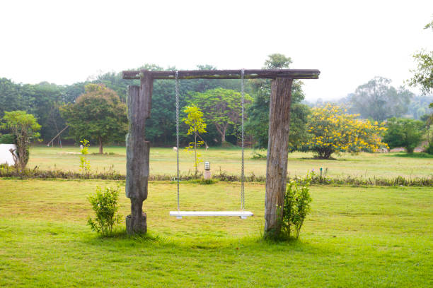 istock White wood swing in the garden. 881447826
