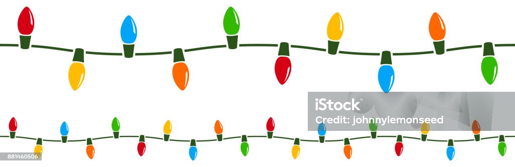 Seamless Holiday Lights Vector illustration of a string of colorful holiday lights that can be joined end to end seamlessly to form longer strings as needed. One longer and one shorter strand included, each on its own layer.  Illustration uses no gradients, meshes or blends, only solid color. Includes AI10-compatible .eps format, along with a high-res .jpg. Christmas Lights stock vector