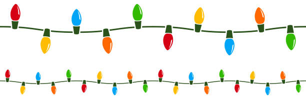 Seamless Holiday Lights Vector illustration of a string of colorful holiday lights that can be joined end to end seamlessly to form longer strings as needed. One longer and one shorter strand included, each on its own layer.  Illustration uses no gradients, meshes or blends, only solid color. Includes AI10-compatible .eps format, along with a high-res .jpg. string illustrations stock illustrations