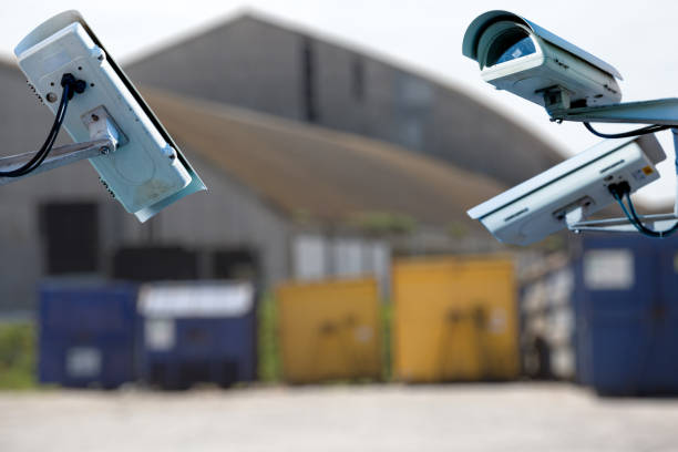 istock closeup on security CCTV camera or surveillance system for industrial site protection 881464460