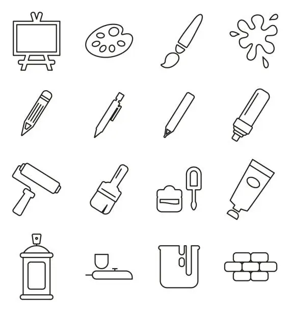 Vector illustration of Painting Or Drawing Equipment Icons Thin Line Vector Illustration Set