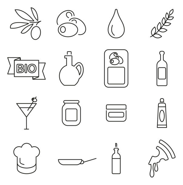 ilustrações de stock, clip art, desenhos animados e ícones de olive or olive oil icons thin line vector illustration set - frasco comida biologica