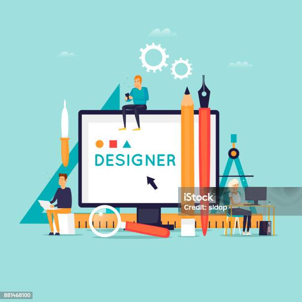 Designer Workplace And Tools Flat Design Vector Illustration Stock Illustration - Download Image Now