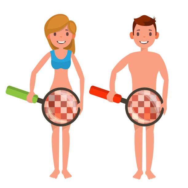 Venereal Disease Check Vector. Naked Man And Woman With Magnifying Glass. Censored Skin. Body Female, Male Impotence Healthcare Venereal Disease Sex Concept. Isolated Flat Cartoon Illustration Venereal Disease Check Vector. Naked Man And Woman With Magnifying Glass. Censored Skin. Body Female, Male Impotence Healthcare Venereal Disease Sex Concept. Isolated phallic object stock illustrations