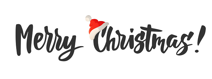 Banner with Merry Christmas text. Red Santa hat. Hand drawn lettering. Holiday greeting quote isolated on white. Also great for New Year and Christmas posters, website headers, gift tags and labels.