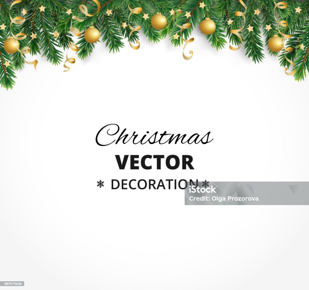Winter holiday background. Border with Christmas tree branches. Garland, frame with hanging baubles, streamers Winter holiday background. Border with Christmas tree branches isolated on white. Garland, frame with hanging baubles, streamers. Great for Christmas, New year cards, banners, headers, party posters. Border - Frame stock vector