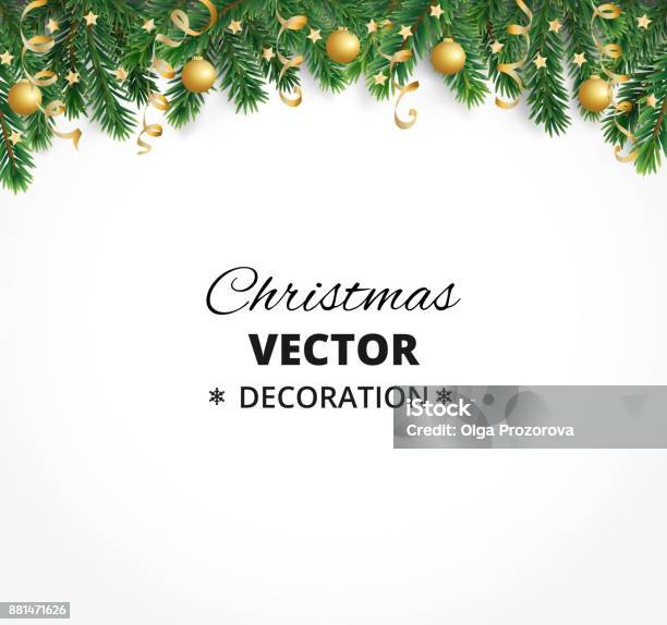 Winter Holiday Background Border With Christmas Tree Branches Garland Frame With Hanging Baubles Streamers Stock Illustration - Download Image Now
