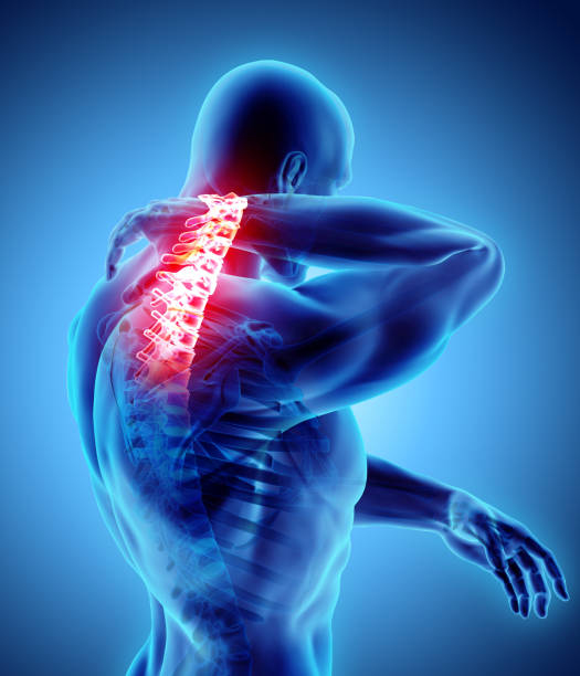 istock Neck painful - cervical spine skeleton x-ray, 3D illustration. 881474964