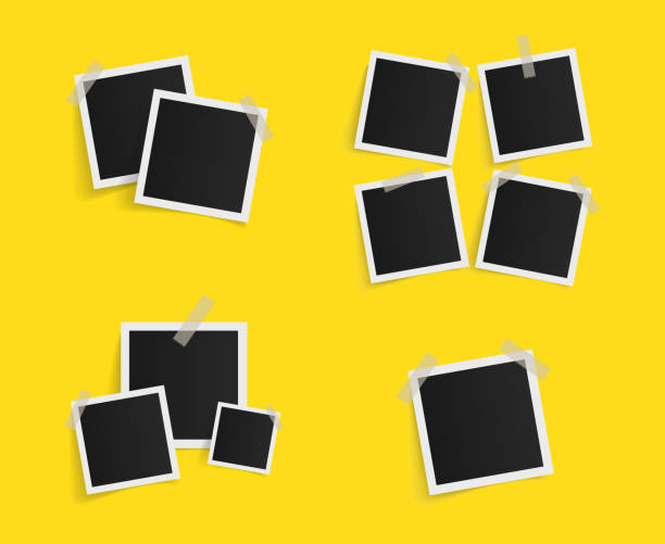 istock Set of square vector photo frames on sticky tape on yellow background. Template photo design. Vector illustration 881477500