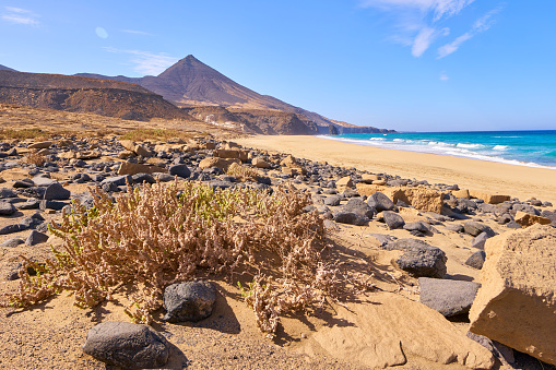 Playa de los Ojos beach on the southern tip of Fuerteventura, Canary Islands with a huge heart in the sand - panoramic view from the plateau next to the road at low tide