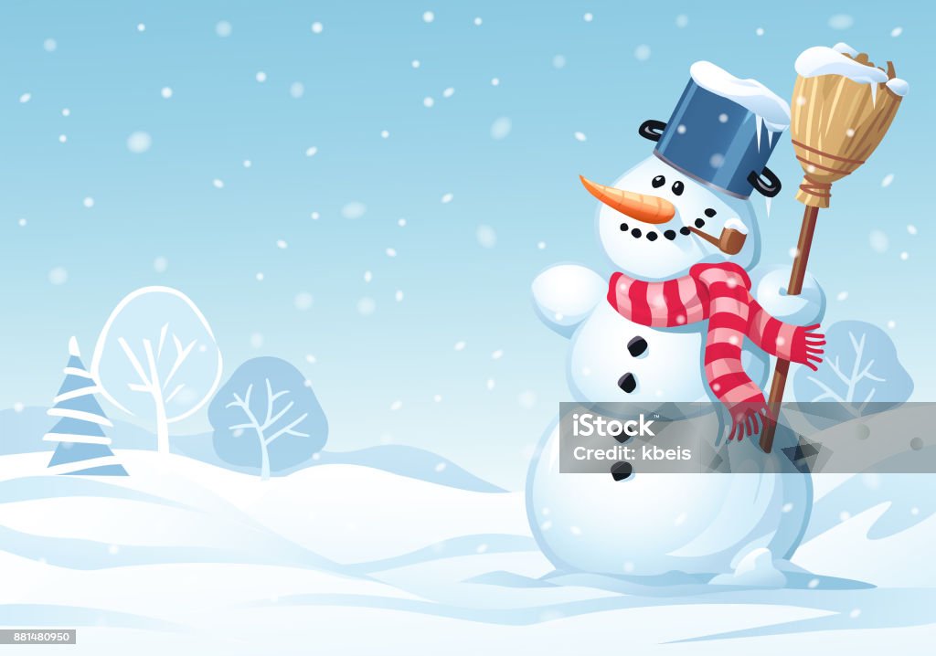 Cute Snowman Standing In A Meadow A cute snowman with a broom, a scarf and a pot on his head, standing in a meadow on a snowy winter day. Vector illustration with space for text. Snowman stock vector