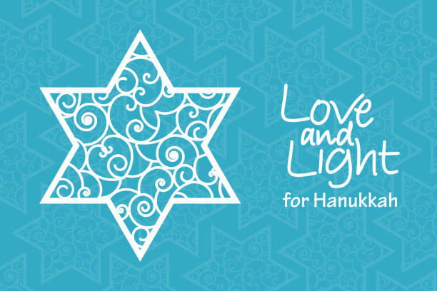 illustrazioni stock, clip art, cartoni animati e icone di tendenza di modello di biglietto di auguri hanukkah. stella david disegnata a mano con motivo arricciato con scritte scritte a mano amore e luce su sfondo blu. - jewish tradition