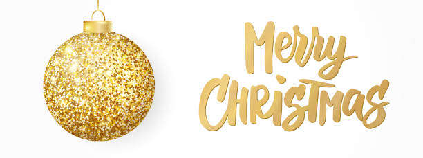 istock Hanging Christmas golden ball isolated on white. Sparkling metal glitter bauble. Merry Christmas hand drawn text 881484632