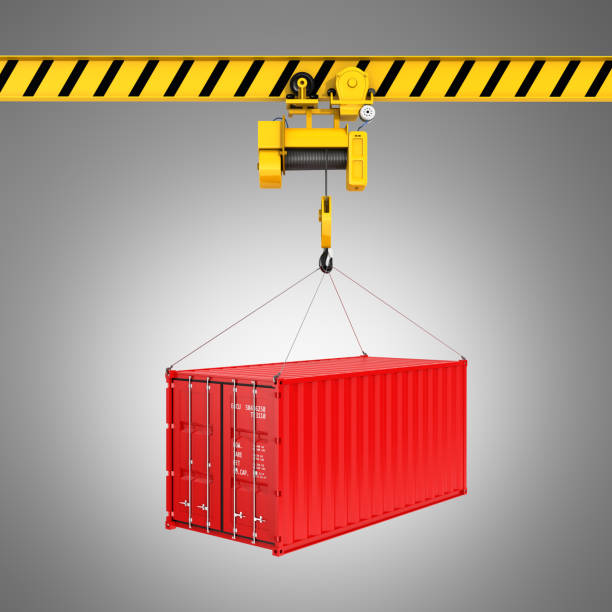 istock Cargo shipping container loading concept the crane lifts the container on grey gradient background 3d 881487822