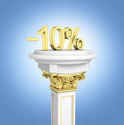 Gold text 10 percent off standing on the pedestal isolated on blue gradient background 3D render