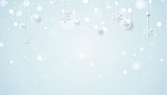 Merry christmas and Happy new year holiday sparkling background. Happy holidays banner with snowflakes and christmas decorations on silver sparkling background. Vector illustration.