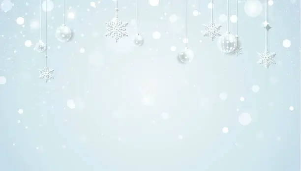 Vector illustration of Happy holidays banner with snowflakes and christmas decorations on silver sparkling background.