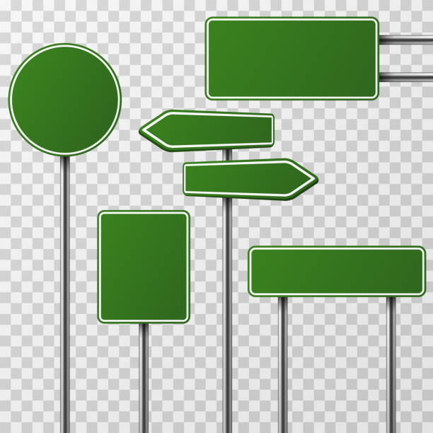 Realistic blank green street and road signs isolated vector set Realistic blank green street and road signs isolated vector. Set of street traffic sign, road signpost direction illustration caution sign stock illustrations