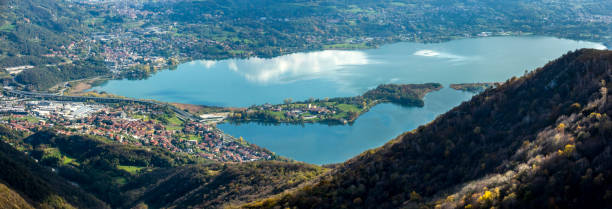 Panorama from Mount Cornizzolo on Lake Annone stock photo
