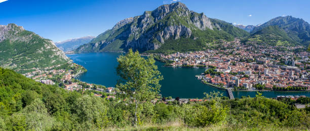 Panorama of Lake Como with the city of Lecco stock photo