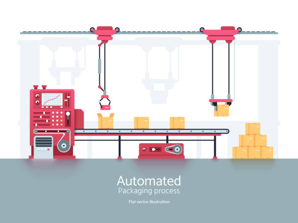 Industrial packaging machine with conveyor production line vector illustration Industrial packaging machine with conveyor production line vector illustration. Conveyor machine for factory and industry manufacturing conveyor belt stock illustrations