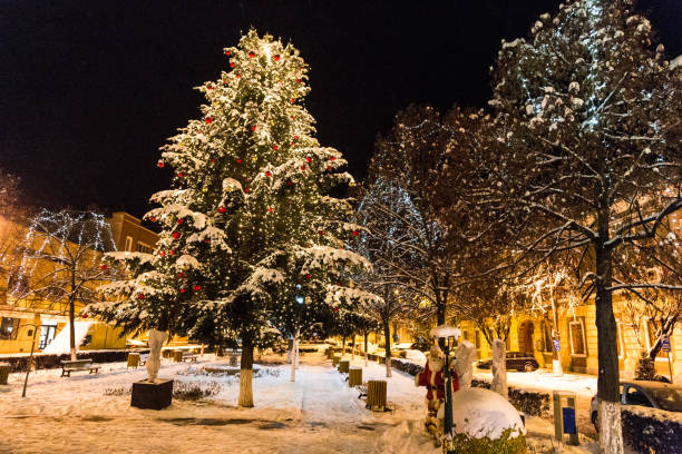 istock Huge decoarated illuminated Christmas tree outdoors in the snow at night 881499424