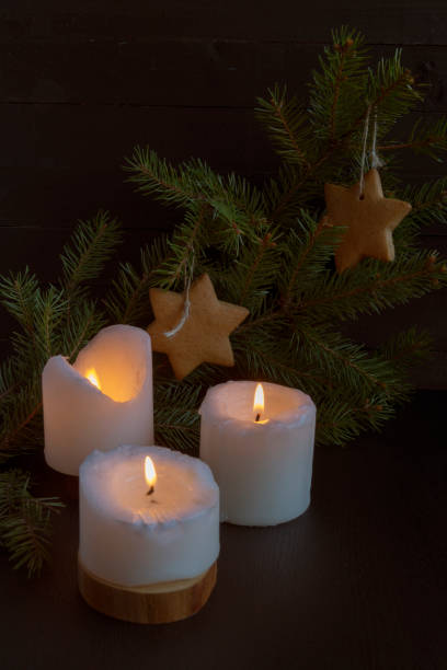 istock Christmas greeting card. Tree, candles, gingerbread. 881499858