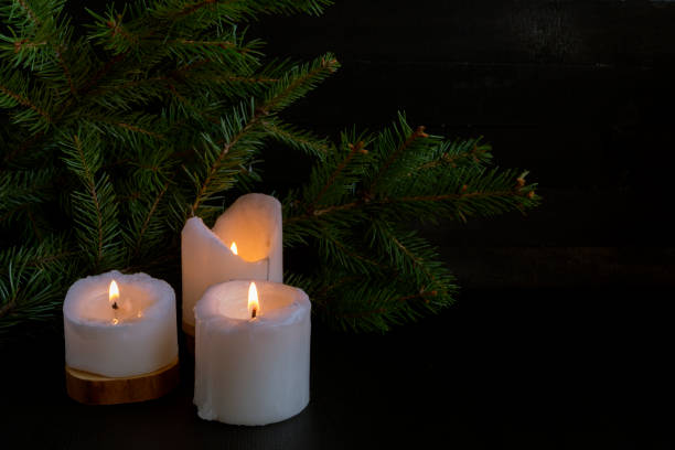 istock Christmas greeting card. Tree, burning candles. 881500536